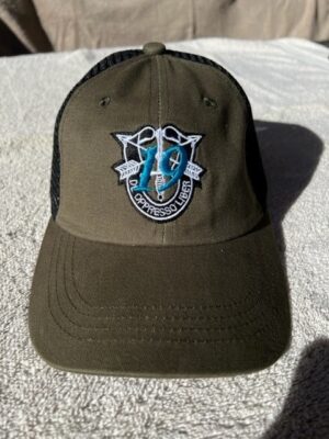 19th SFG (A) SF Crest with "19" Trucker Hat - Military Green and Black Mesh