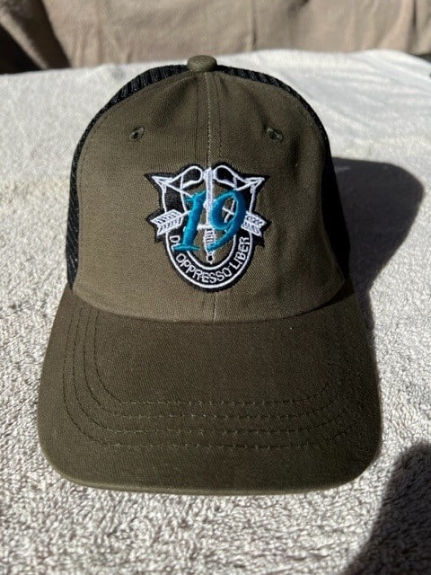 19th SFG (A) SF Crest with "19" Trucker Hat - Military Green and Black Mesh