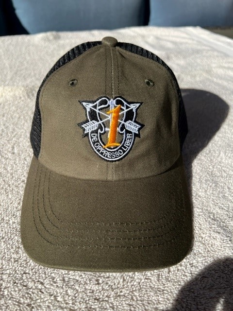 1st SFG (A) SF Crest with "1" Trucker Hat - Military Green and Black Mesh
