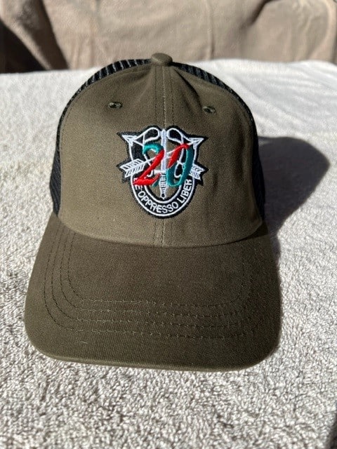 20th SFG (A) SF Crest with "20" Trucker Hat - Military Green and Black Mesh