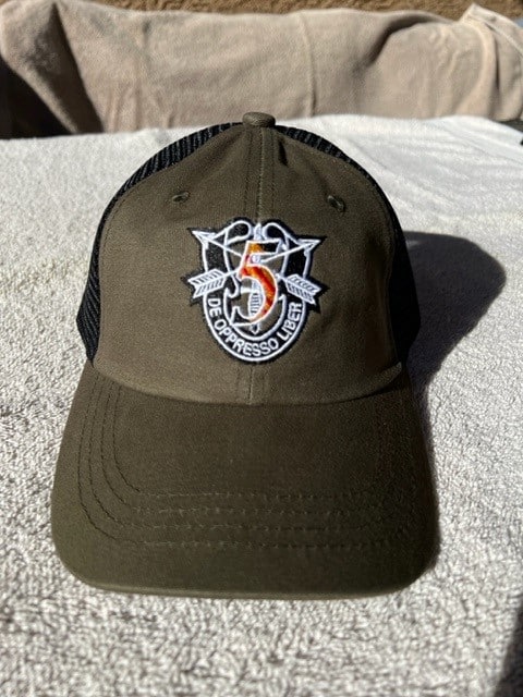 5th SFG (A) SF Crest with "5" Trucker Hat - Military Green and Black Mesh