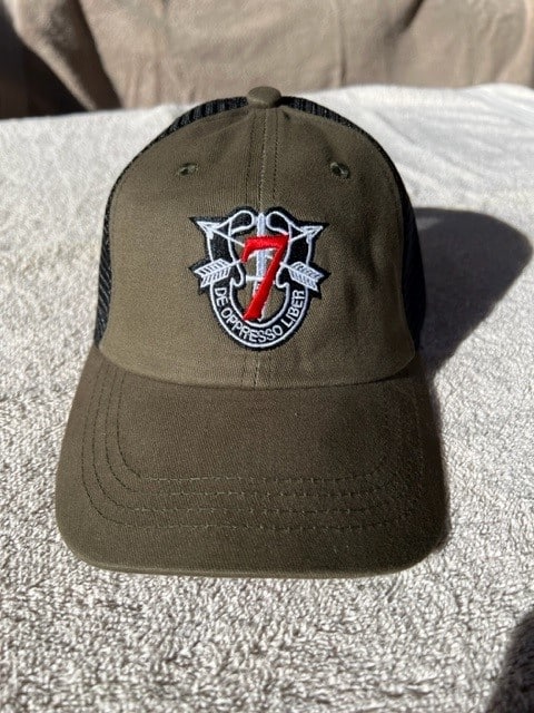 7th SFG (A) SF Crest with "7" Trucker Hat - Military Green and Black Mesh